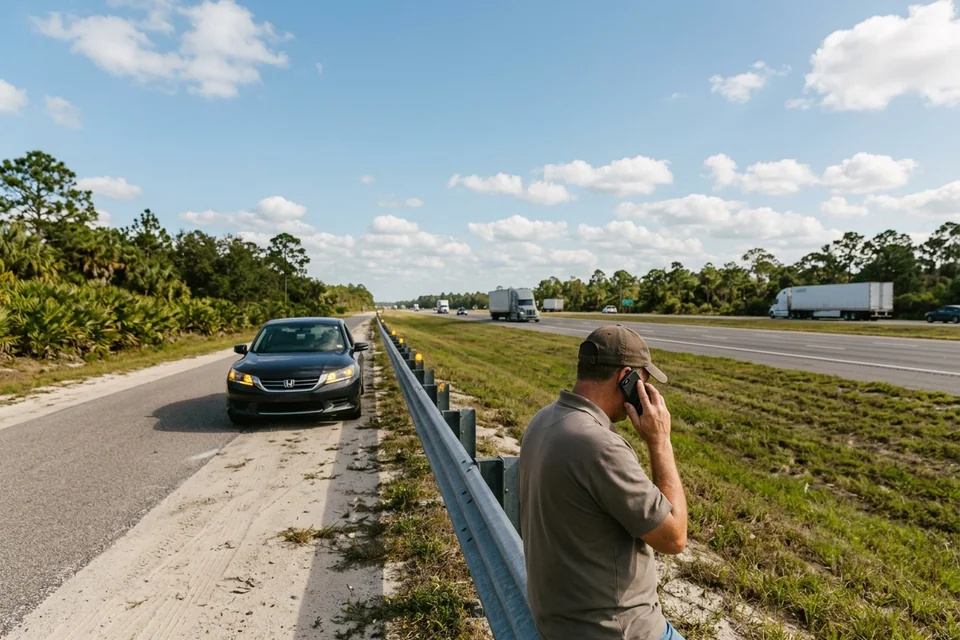 Driver behind a guardrail on a wide shoulder, phone to ear, car stopped with hazards on behind
