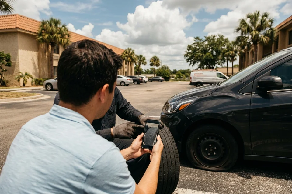 Technician and driver looking at a phone photo of a tire sidewall beside a car in a hotel lot