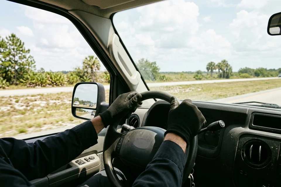 Both hands gripping a steering wheel on a sunny Florida highway, traffic well behind in the side mirror