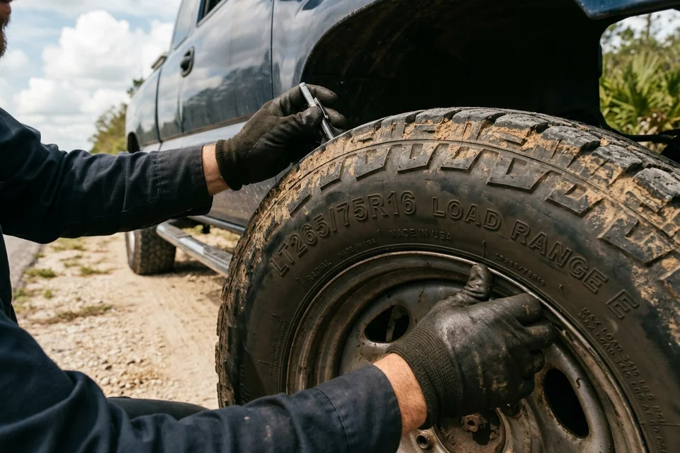 Close view of a light truck tire sidewall showing the LT size marking and the load range letter a technician reads before choosing a replacement
