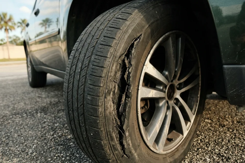 Close view of a tire with a deep sidewall gash and exposed cords, still on the car, showing why it cannot be repaired