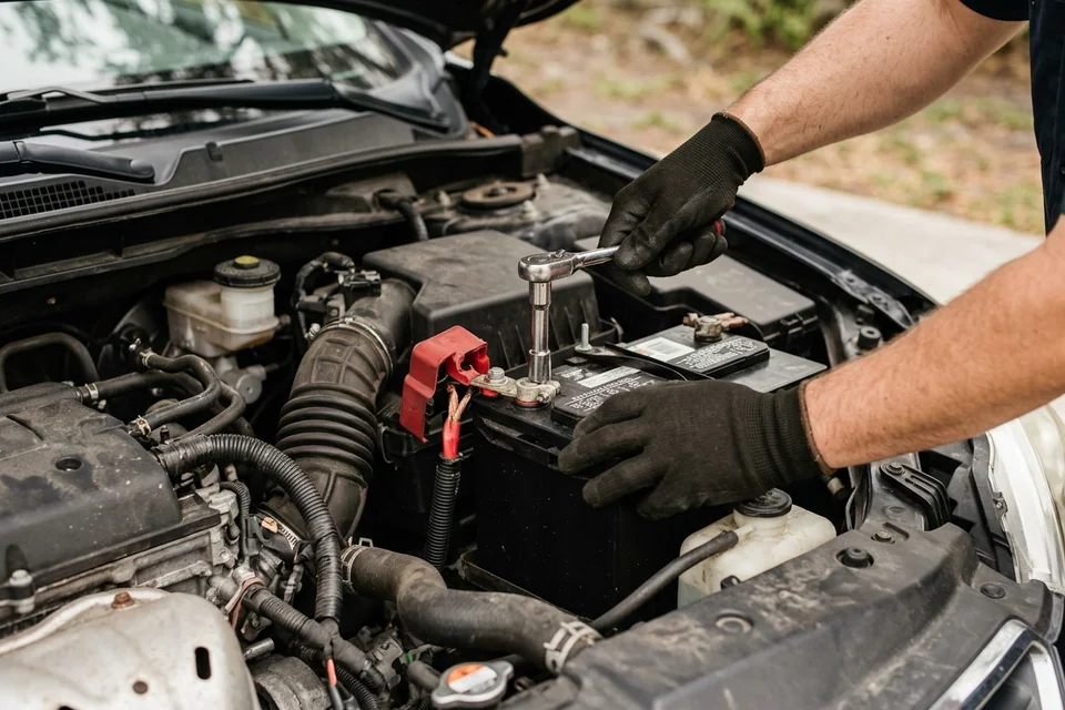 Close view of a car battery under the hood with a technician's hand checking the terminal before a jump start