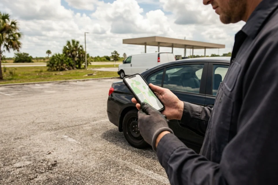 Driver holding a phone with a map open beside a parked car at a gas station off US-27, checking the cross street before calling