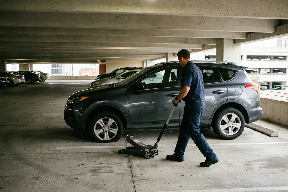Technician rolling a jack toward a crossover parked on the second level of a downtown Orlando parking garage, low ceiling overhead