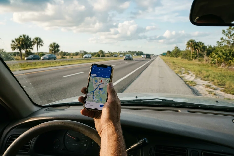 Driver's hand holding a phone with a map route toward Orlando, an empty highway through the windshield