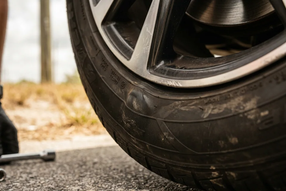 Close view of a short tire sidewall with a pinch bulge where the inner cords broke, the polished lip of the alloy wheel just above it