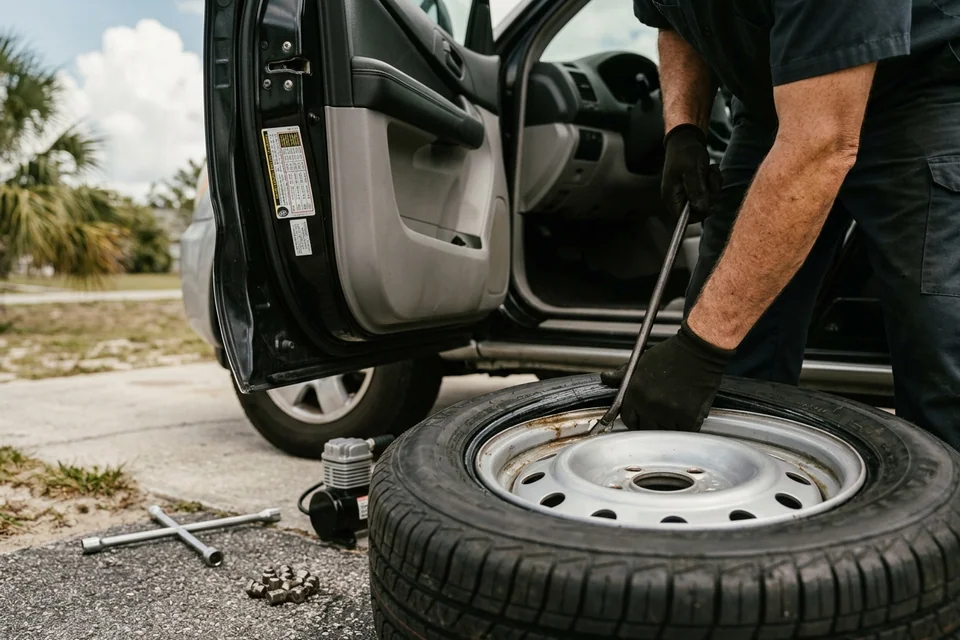 Close view of a replacement tire being seated onto a wheel on the ground next to the car, with the door jamb placard visible in the open door behind