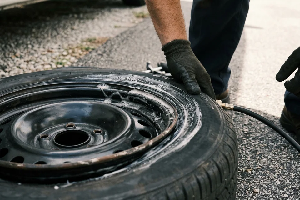Close view of a tire bead seating against the rim lip as air goes in, soap film at the edge