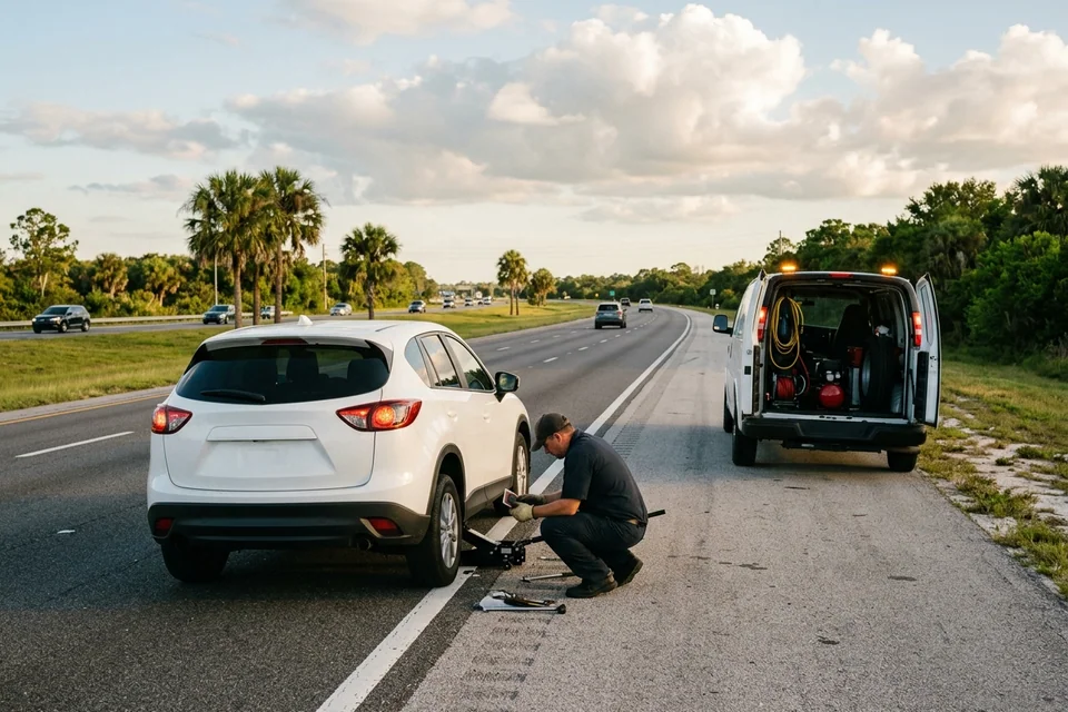 Car stopped on a wide paved shoulder near Apopka with hazards on while a technician inspects the tire