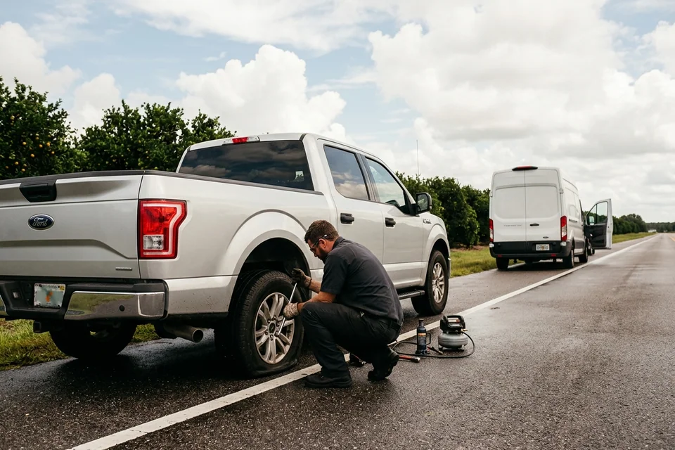 Car stopped on a wide paved shoulder near Meadow Woods with hazards on while a technician inspects the tire