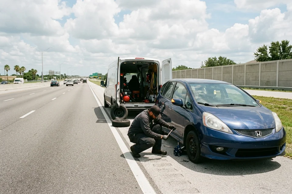 Car stopped on a wide paved shoulder near Daytona Beach with hazards on while a technician inspects the tire