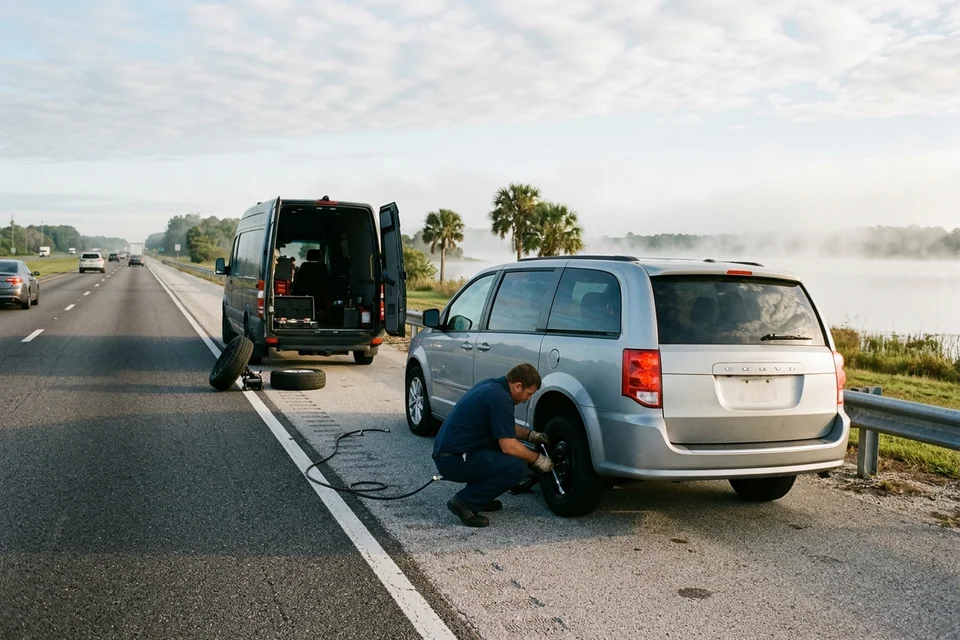 Car stopped on a wide paved shoulder near Melbourne with hazards on while a technician inspects the tire