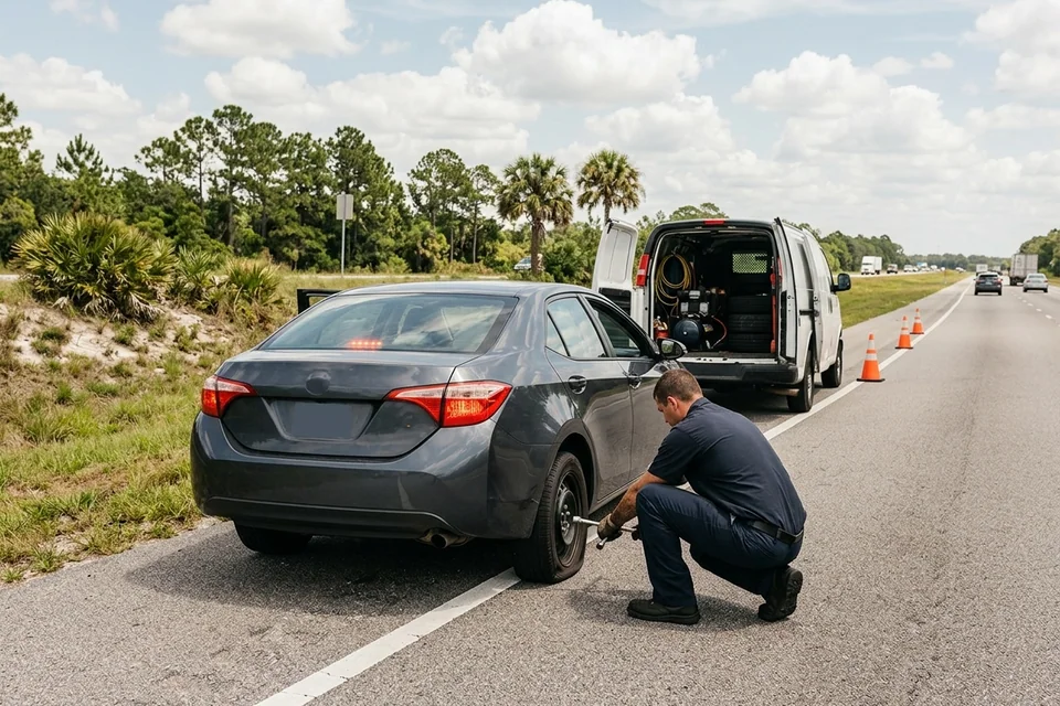 Car stopped on a wide paved shoulder near Four Corners with hazards on while a technician inspects the tire