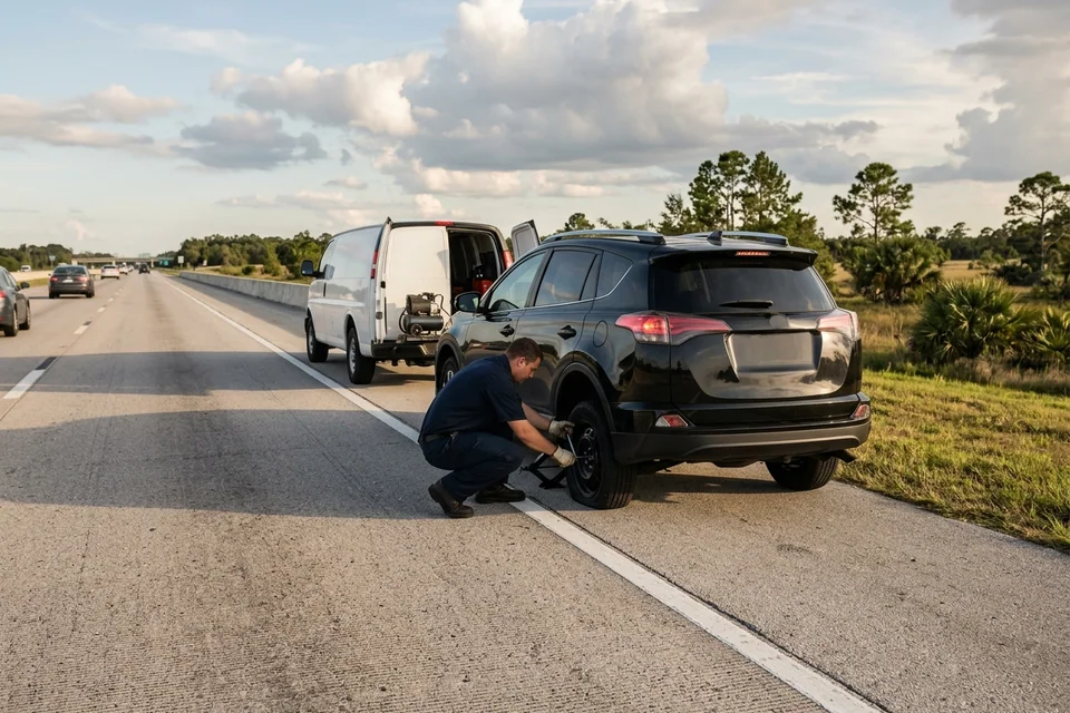 Car stopped on a wide paved shoulder near Lakeland with hazards on while a technician inspects the tire