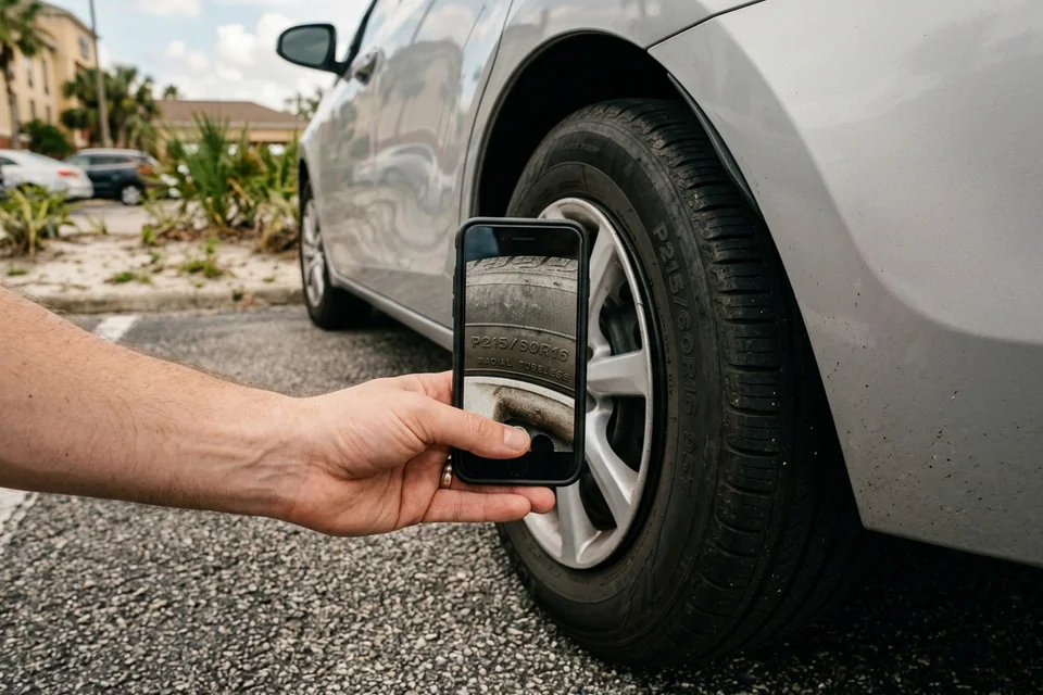 Hand holding a phone to photograph the size markings on a tire sidewall in a parking lot, the first thing we ask a caller to do