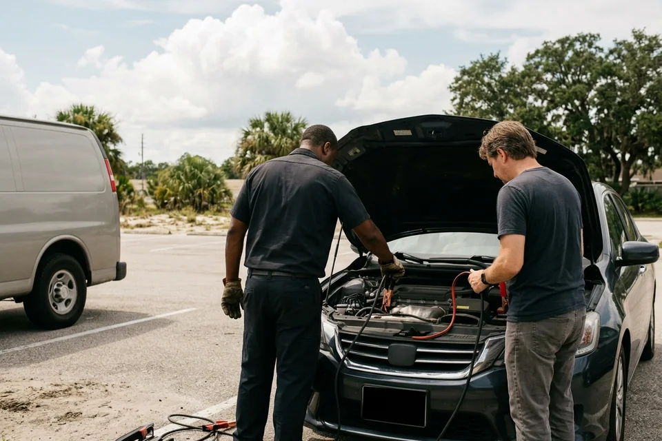 Technician and driver standing at the open hood of a sedan in a parking lot while the car gets a jump start