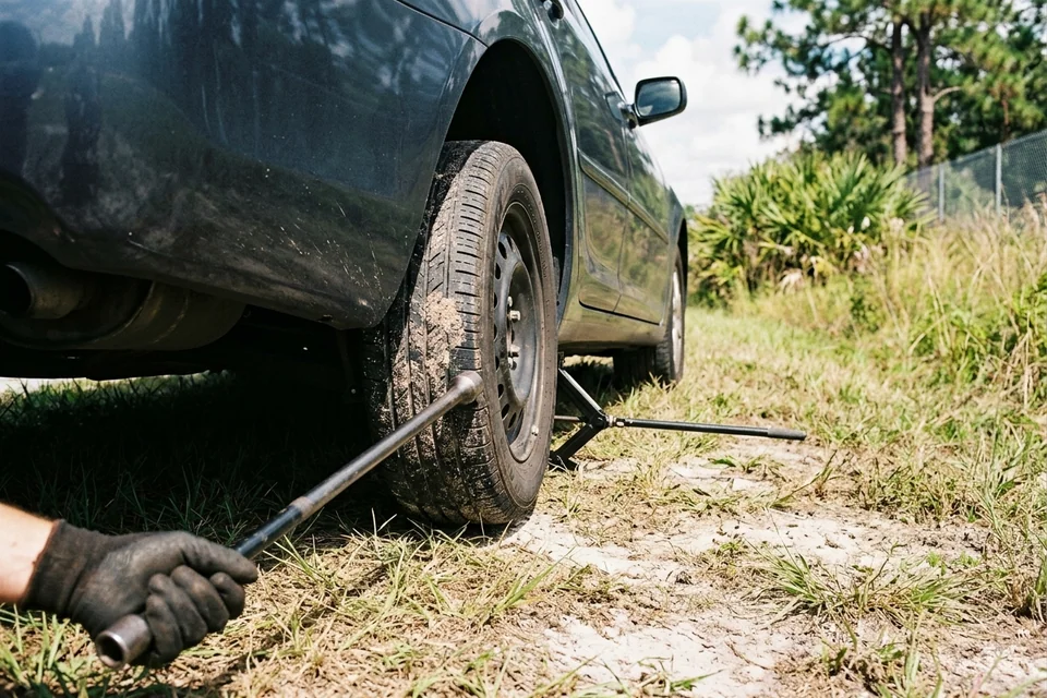 Jack and lug wrench set out at the rear wheel of a sedan on a shoulder, the work side facing away from the road