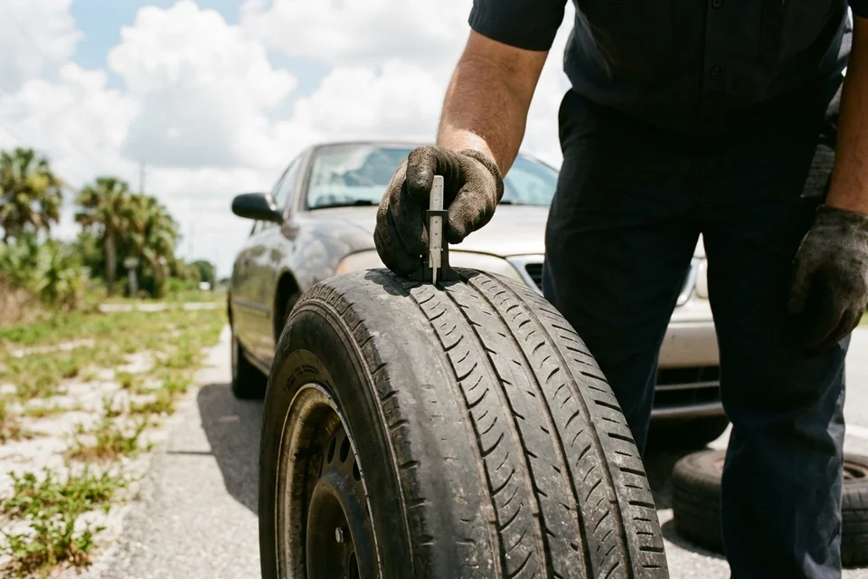 Tread depth gauge in the outer groove of a front tire showing more wear on the shoulder than the center