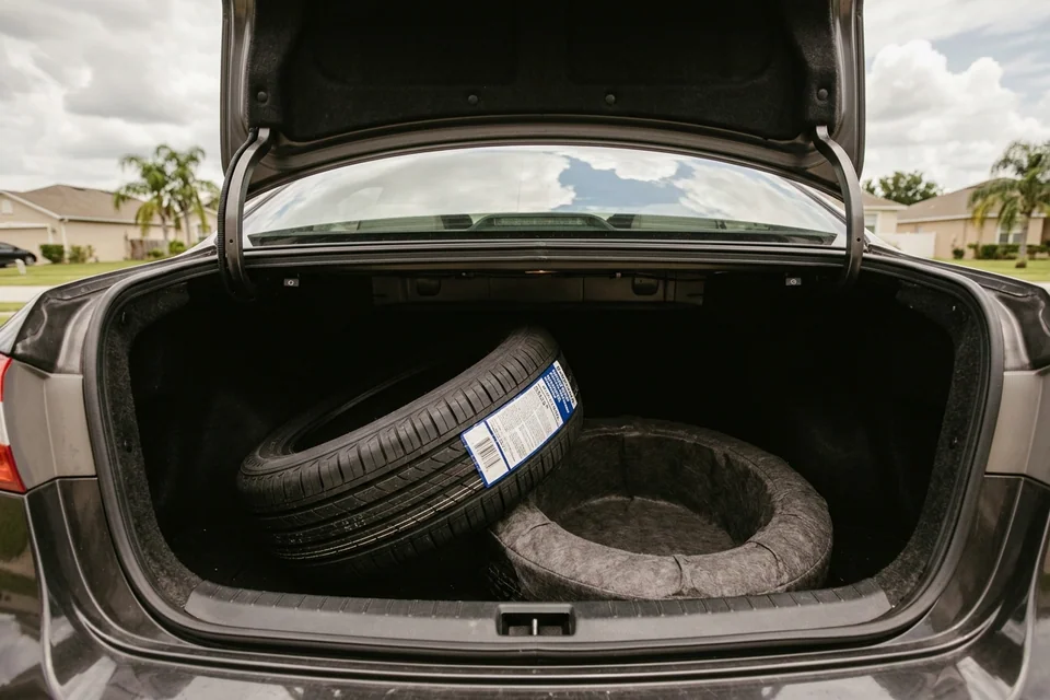 A new tire still wearing its label lying in an open trunk beside the compact spare's empty well