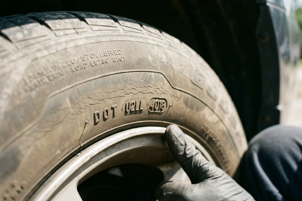 Close view of a tire sidewall with the DOT date code in focus and light cracking beside it