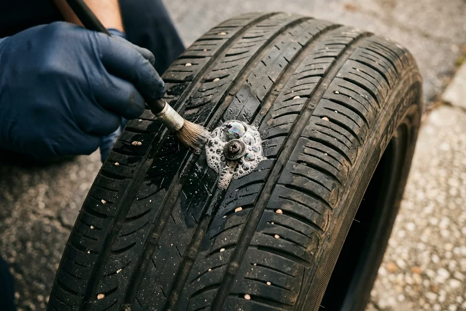 Close view of bubbles forming on a wet tread around a screw head, the sign of a slow puncture leak