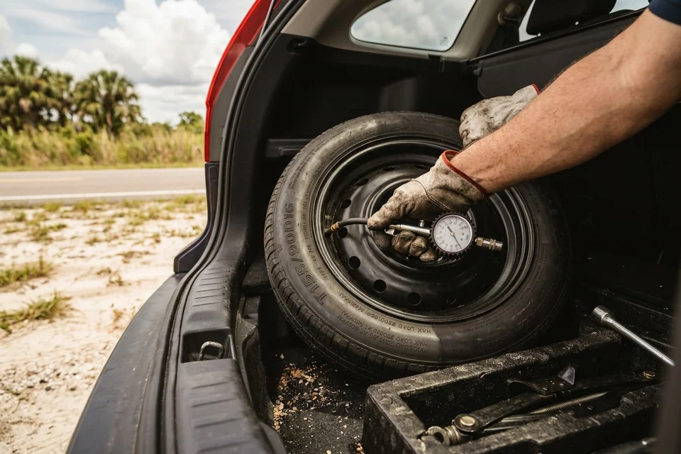 Technician's hand holding a pressure gauge against the valve of a compact spare tire still sitting in the trunk well, before the flat comes off