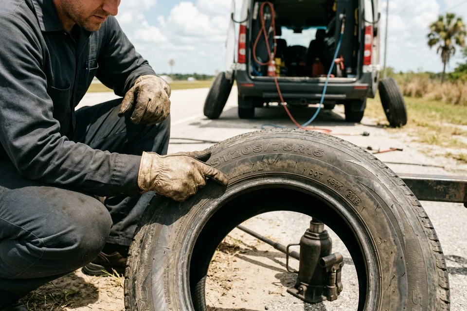 Close view of a trailer tire sidewall showing the ST size marking and the DOT date code a technician reads to judge the tire's age